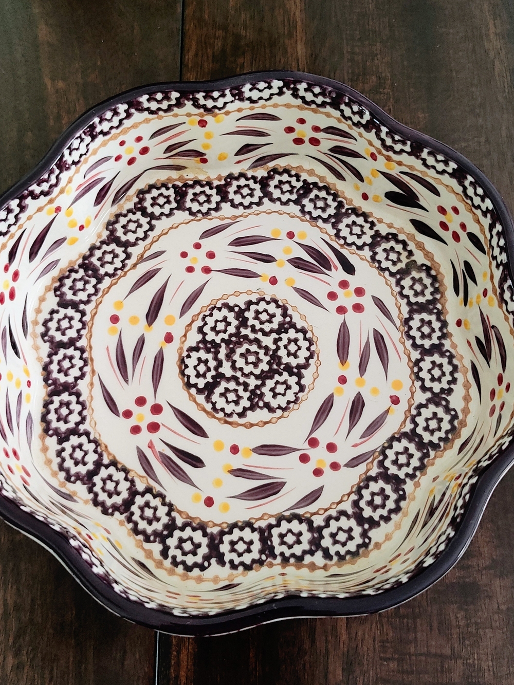 Temptations Hand-Painted Ceramic Serving Bowl in Cream, Purple, Yellow and Red